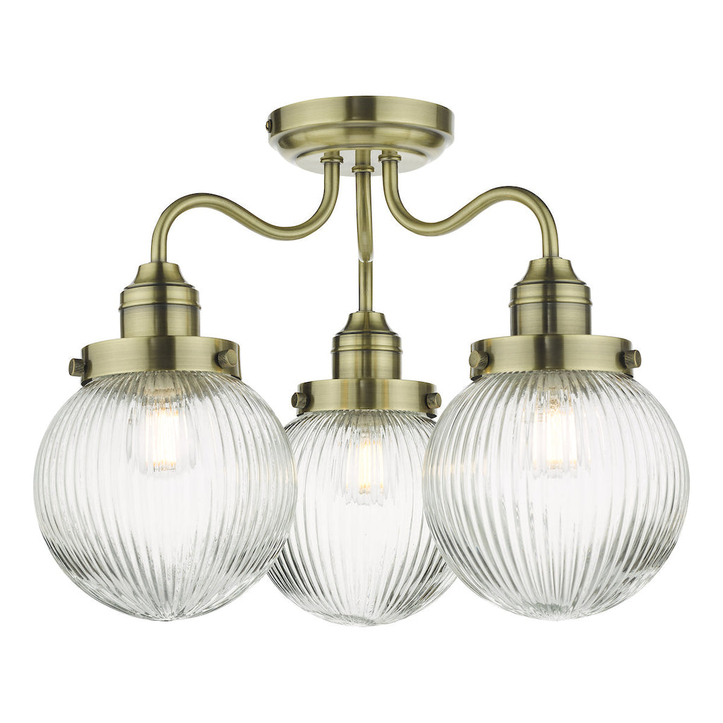 dar-lighting-Tamara 3 Light Bathroom Semi Flush Antique Brass Ribbed Glass IP44